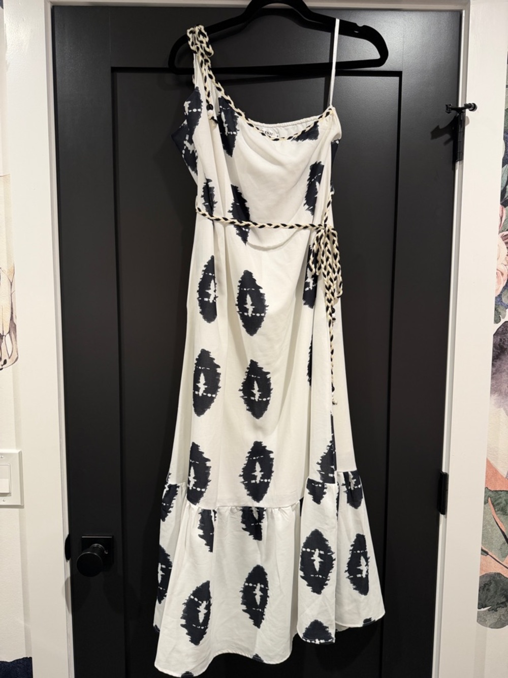 Ivory Maxi Dress with Black Ikat Print and Braided Belt